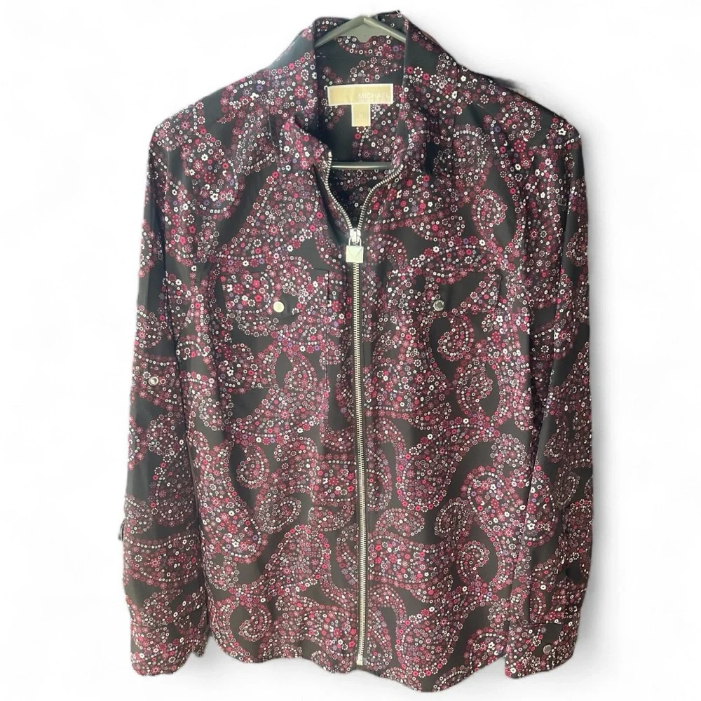 Michael Kors zip up long sleeve blouse w/2 pockets and cute zipper pull size M